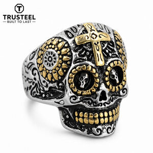 Sugar Skull Cross Ring 316L Stainless Steel Gothic Biker Day of the Dead size 14